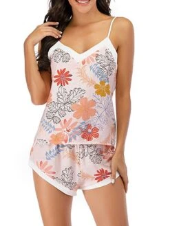 Women's Pajamas Pajama Top And Pant Sets Flower Leaves Fashion Casual Soft Home Daily Bed Lace Breathable Straps Sleeveless Strap Top Shorts Summer Spring Light Pink Yellow -Deals The Sexy Bra Store eklfbo1681464649707