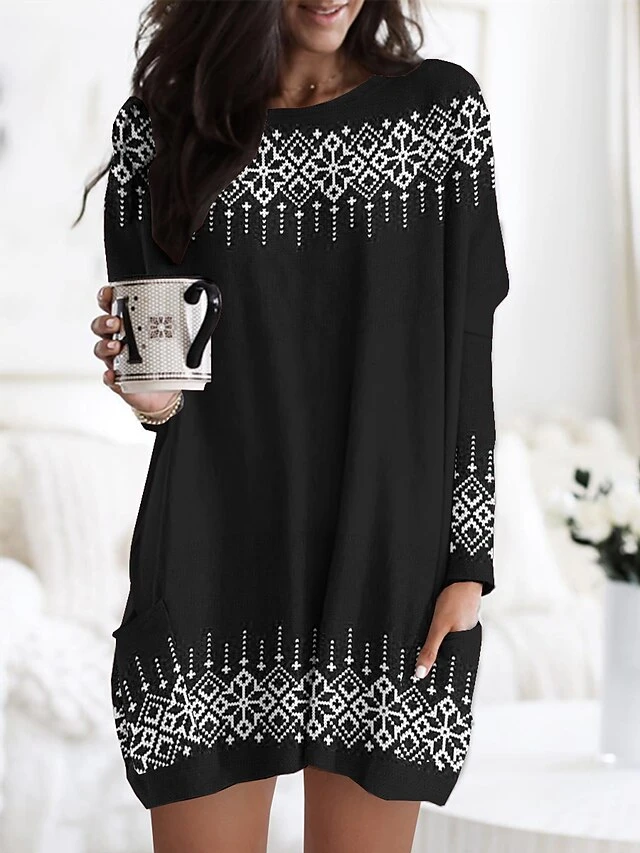 Women's Nightgown Geometic Fashion Comfort Xmas Home Christmas Polyester Crew Neck Long Sleeve Pocket Fall Winter Black Red 2 Women's Nightgown Geometic Fashion Comfort Xmas Home Christmas Polyester Crew Neck Long Sleeve Pocket Fall Winter Black Red - Image 2