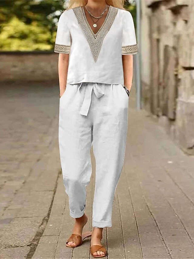 Women's Loungewear Sets 2 Pcs Cotton Blend Breathable Abstract Flower Print Casual Home Street Daily Stand Collar Half Sleeve Pullover Pants Pocket Belt Included Summer Spring White Light Green 1 Women's Loungewear Sets 2 Pcs Cotton Blend Breathable Abstract Flower Print Casual Home Street Daily Stand Collar Half Sleeve Pullover Pants Pocket Belt Included Summer Spring White Light Green