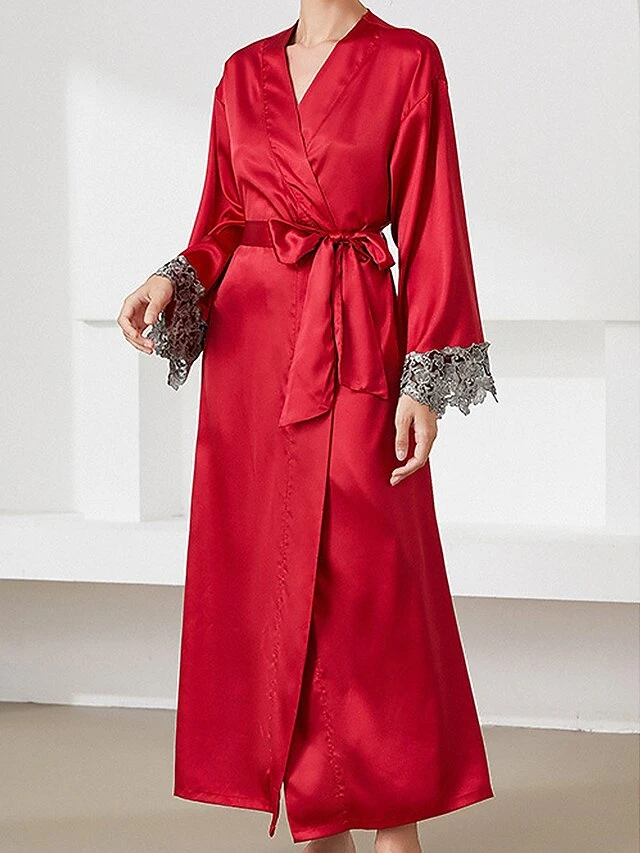 Women's Satin Silk Bathrobe Robe Embroidered Lace Decoration Long Sleeve Nightgown Pure Color Fashion Casual Comfort Home Daily Bed Summer Fall Black Pink 9 Women's Satin Silk Bathrobe Robe Embroidered Lace Decoration Long Sleeve Nightgown Pure Color Fashion Casual Comfort Home Daily Bed Summer Fall Black Pink - Image 9