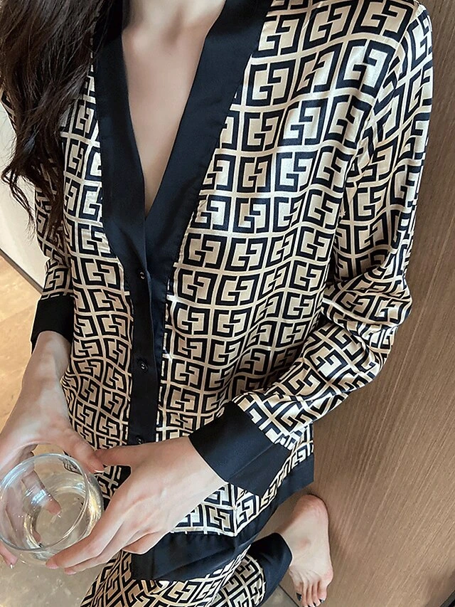 Women's Loungewear Sets 2 Pieces Grid / Plaid Fashion Casual Comfort Street Daily Date Polyester Breathable V Wire Long Sleeve Pant Button Fall Winter Black 8 Women's Loungewear Sets 2 Pieces Grid / Plaid Fashion Casual Comfort Street Daily Date Polyester Breathable V Wire Long Sleeve Pant Button Fall Winter Black - Image 8