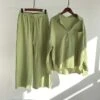 Women's Plus Size Loungewear Sets Nighty Pure Color Simple Fashion Comfort Home Street Vacation Cotton Lapel Long Sleeve Shirt Pant Pocket Elastic Waist Fall Spring Green White