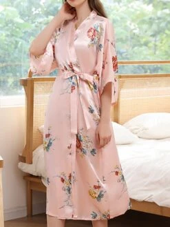 Women's Pajamas Robes Gown Bathrobes Nighty 1 PCS Flower Simple Comfort Kimono Robes Home Wedding Party Spa Satin Gift Long Sleeve Print Belt Included Spring Summer Blue Pink -Deals The Sexy Bra Store emwbjy1644490237094