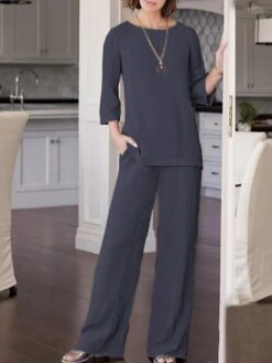 Women's Loungewear Sets 2 Pieces Pure Color Casual Comfort Home Daily Polyester Breathable Crew Neck Half Sleeve Shirt And Wide Leg Pants Summer Spring Navy Blue Khaki -Deals The Sexy Bra Store enunfr1684492112114