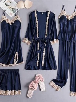 Women's Pajamas Robes Gown Nightgown Pajama Top And Pant 5 Pieces Pure Color Fashion Casual Soft Home Daily Bed Polyester Breathable Straps Long Sleeve Summer Fall Black Pink -Deals The Sexy Bra Store eoexln1689506606718