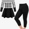 Women's Sets 2 Pieces Grid / Plaid Casual Comfort Home Daily Polyester Breathable Crew Neck Long Sleeve Pullover Pant Summer Spring Black