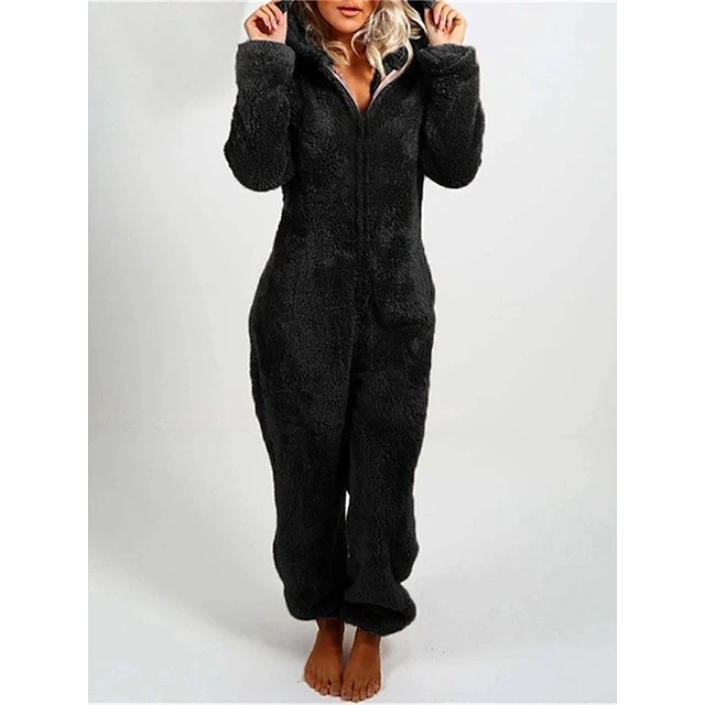 Women's Plus Size Onesie Pajama For Adult Pure Color Warm Fashion Plush Home Christmas DailyWarm Hoodie Long Sleeve Fall Winter Black Red 4 Women's Plus Size Onesie Pajama For Adult Pure Color Warm Fashion Plush Home Christmas DailyWarm Hoodie Long Sleeve Fall Winter Black Red - Image 4