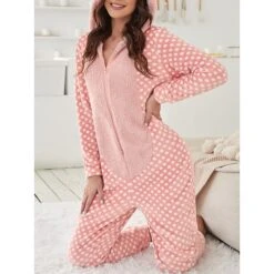 Women's Onesie Pajama Elk Warm Casual Christmas Daily Flannel Hoodie Long Sleeve Fall Winter Pink