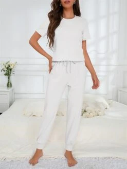 Women's Loungewear Sets 2 Pieces Pure Color Fashion Casual Comfort Street Daily Date Polyester Breathable Crew Neck Short Sleeve Pant Summer Fall Black White 23 Women's Loungewear Sets 2 Pieces Pure Color Fashion Casual Comfort Street Daily Date Polyester Breathable Crew Neck Short Sleeve Pant Summer Fall Black White -Deals The Sexy Bra Store erocho1691046344840