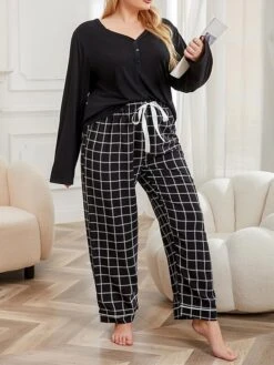 Women's Plus Size Loungewear Sets Grid / Plaid Fashion Comfort Soft Home Daily Bed Polyester Breathable V Wire Long Sleeve Pullover Pant Fall Winter 21047M-Black -Deals The Sexy Bra Store ertwtw1693986224373