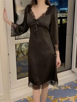 Women's Satin Silk Nightgown Pajamas Nightshirt Dress Pure Color Casual Comfort Sweet Home Daily Bed Lace Breathable V Wire Chest Pads Fall Winter Short Sleeve White Short Sleeve Black -Deals The Sexy Bra Store esfvfo1697170321081