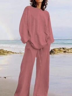 Women's Plus Size Loungewear Sets 2 Pieces Pure Color Fashion Casual Comfort Street Daily Date Cotton Breathable Crew Neck Long Sleeve Pant Summer Fall White Yellow -Deals The Sexy Bra Store eswmae1689326425749