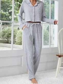 Women's Loungewear Sets Pure Color Casual Comfort Soft Home Street Daily Polyester Breathable Lapel Long Sleeve Pant Pocket Elastic Waist Fall Winter Gray -Deals The Sexy Bra Store eucnfp1692348331729
