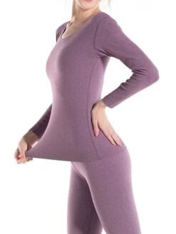 Women's Thermal Set Pure Color Warm Fashion Simple Home Daily Bed Polyester Warm Breathable Crew Neck Long Sleeve Pant Elastic Waist Fall Winter Black Pink