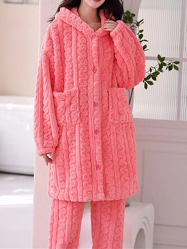 Women's Pajamas Sets Pure Color Warm Fashion Plush Home Daily Bed Coral Fleece Coral Velvet Warm Breathable Hoodie Long Sleeve Cardigan Pant Button Pocket Fall Winter Yellow Pink 8 Women's Pajamas Sets Pure Color Warm Fashion Plush Home Daily Bed Coral Fleece Coral Velvet Warm Breathable Hoodie Long Sleeve Cardigan Pant Button Pocket Fall Winter Yellow Pink - Image 8