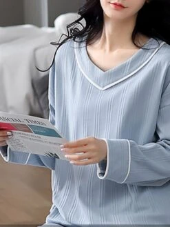 Women's Pajamas Sets Nighty Pjs 2 Pieces Pure Color Fashion Simple Comfort Home Daily Bed Cotton Breathable Gift V Wire Long Sleeve Pant Elastic Waist Fall Spring Green Blue -Deals The Sexy Bra Store evpwto1640598860293