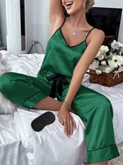 Women's Pajamas Pajama Top And Pant Sets Pure Color Simple Casual Soft Home Daily Bed Satin Breathable Straps Sleeveless Strap Top Pant Summer Spring Lotus Pink Black -Deals The Sexy Bra Store ewfphs1680597774012