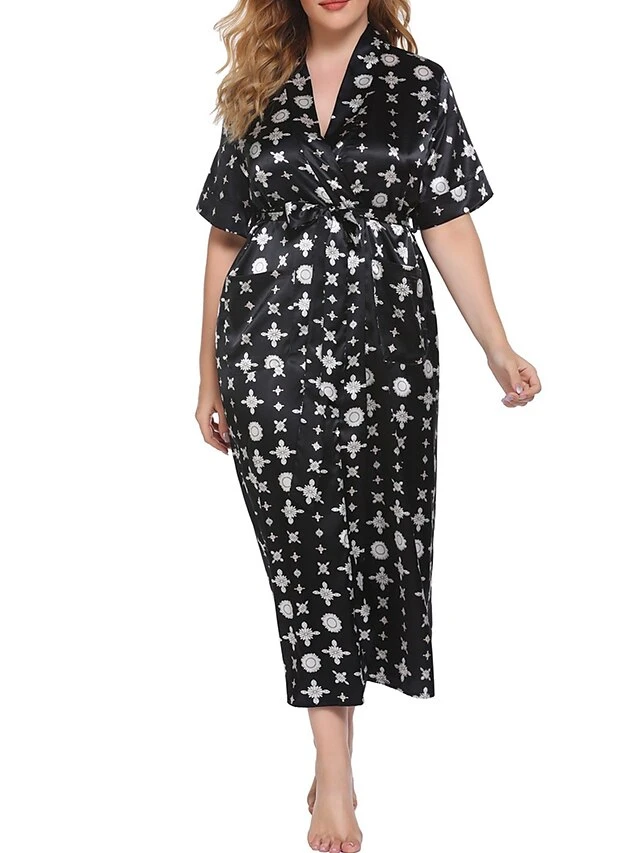 Women's Plus Size Loungewear Bathrobe Robes Gown Nightgown Flower Casual Comfort Soft Home Daily Bed Polyester Breathable V Wire Short Sleeve Dress Spring Summer Light Pink Black 3 Women's Plus Size Loungewear Bathrobe Robes Gown Nightgown Flower Casual Comfort Soft Home Daily Bed Polyester Breathable V Wire Short Sleeve Dress Spring Summer Light Pink Black - Image 3