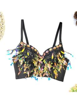 Women's Rhinestone Corset Bustier Feather Undergarments Home Daily Bed Polyester Breathable Straps Sleeveless Backless Summer Spring Black White -Deals The Sexy Bra Store exedli1696315676697