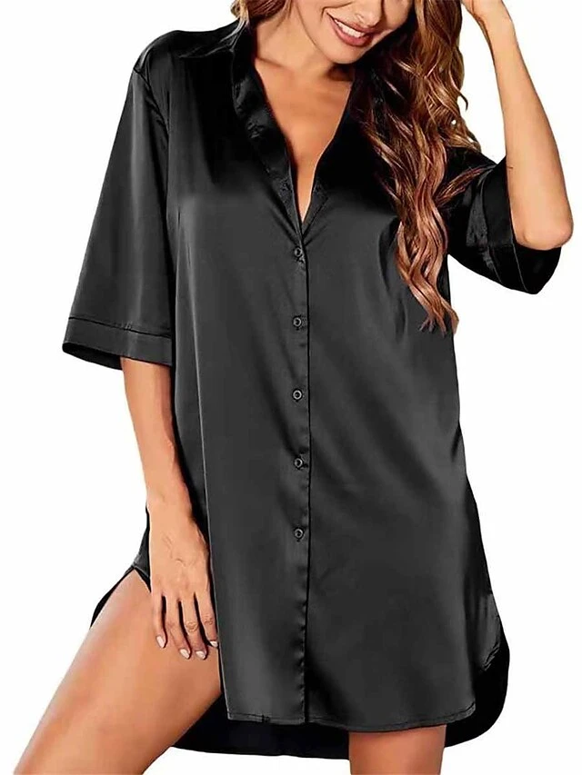 Women's Pajamas Nightgown Nightshirt Dress Pure Color Simple Casual Soft Home Daily Bed Satin Breathable Lapel Short Sleeve Button Summer Spring Black White 5 Women's Pajamas Nightgown Nightshirt Dress Pure Color Simple Casual Soft Home Daily Bed Satin Breathable Lapel Short Sleeve Button Summer Spring Black White - Image 5