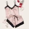 Women'S Sexy Lace Lace Lace Lace Satin Halter Shorts Two-Piece Set