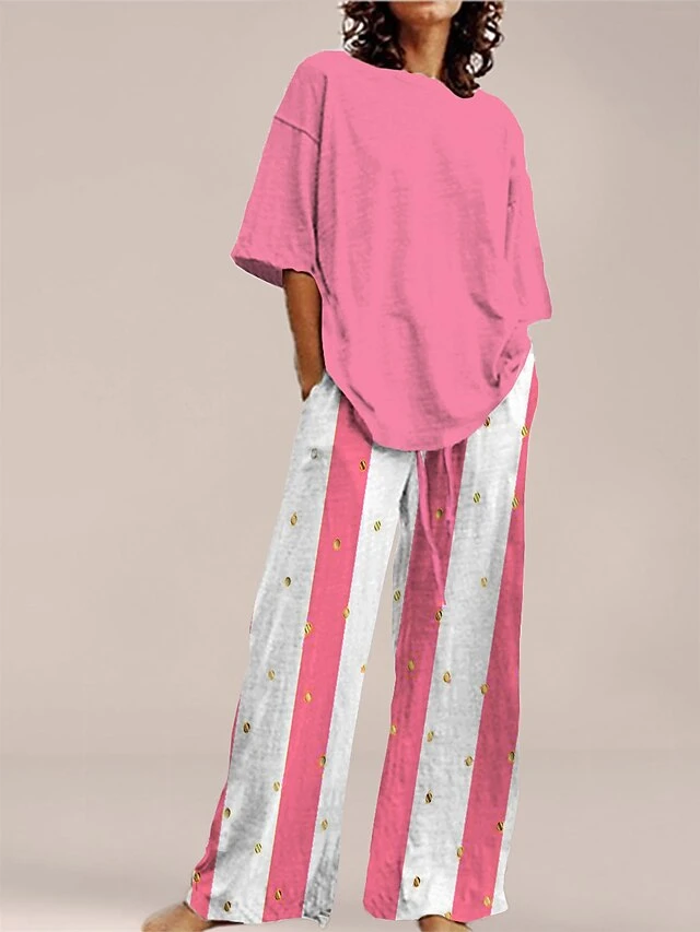 Women's Pajama Top And Pant Heart Stripe Comfort Home Daily Polyester Crew Neck Summer Spring Light Pink White Powder 3 Women's Pajama Top And Pant Heart Stripe Comfort Home Daily Polyester Crew Neck Summer Spring Light Pink White Powder - Image 3