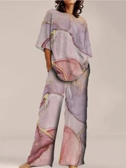 Women's Loungewear Sets Nighty 2 Pieces Gradient Fashion Comfort Home Street Cotton Spandex Jersey Crew Neck Short Sleeve T Shirt Tee Pant Spring Summer Green Blue -Deals The Sexy Bra Store ezknqa1660032319623