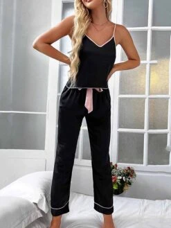 Women's Pajamas Pajama Top And Pant Sets Pure Color Simple Casual Soft Home Daily Bed Satin Breathable Straps Sleeveless Strap Top Pant Summer Spring Lotus Pink Black