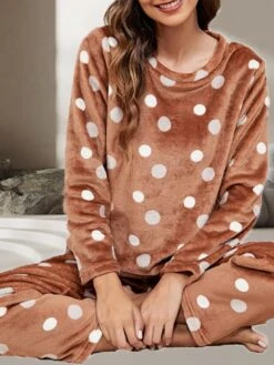 Women's Flannel Pajamas Sets Top And Pant Sets Dot Fashion Casual Soft Home Daily Bed Flannel Warm Breathable Crew Neck Long Sleeve Pant Fall Winter Brown -Deals The Sexy Bra Store fafnqz1689581346035