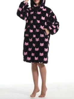 Women's Robe Cat Plush Casual Comfort Home Daily Bed Flannel Warm Breathable Hoodie Long Sleeve Pocket Fall Winter Pink