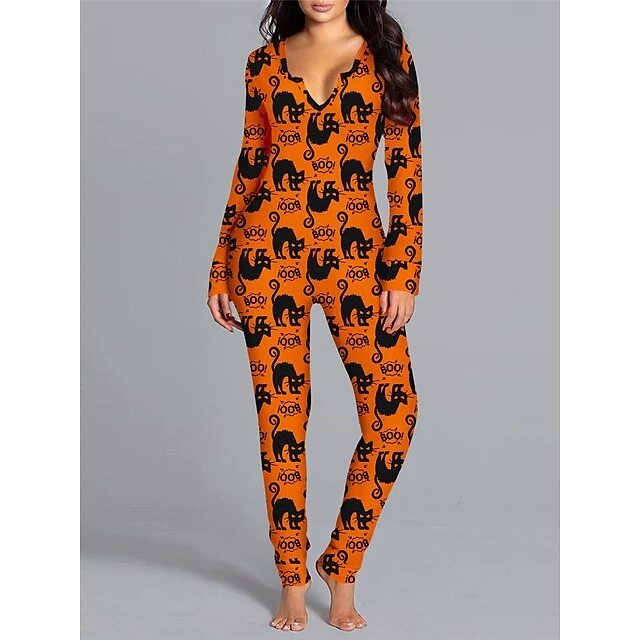 Women's Pajamas Jumpsuit Cat Ghost Retro Gothic Punk & Gothic Halloween Carnival Polyester Breathable V Wire Long Sleeve Fall Winter Black White 1 Women's Pajamas Jumpsuit Cat Ghost Retro Gothic Punk & Gothic Halloween Carnival Polyester Breathable V Wire Long Sleeve Fall Winter Black White