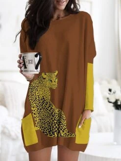 Women's Nightgown Animal Fashion Comfort Home Daily Polyester Crew Neck Long Sleeve Pocket Fall Winter Royal Blue Green -Deals The Sexy Bra Store fejgfq1693381271429