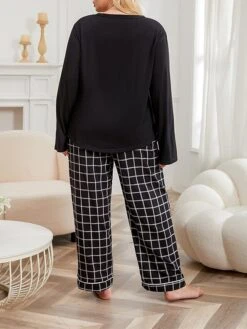 Women's Plus Size Loungewear Sets Grid / Plaid Fashion Comfort Soft Home Daily Bed Polyester Breathable V Wire Long Sleeve Pullover Pant Fall Winter 21047M-Black -Deals The Sexy Bra Store feqjnz1693986215709