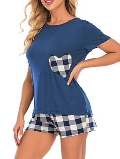 Women's Pajamas Pajama Top And Pant Sets Leopard Grid / Plaid Simple Casual Comfort Home Daily Bed Cotton Breathable V Wire Short Sleeve T Shirt Tee Shorts Elastic Waist Summer Spring Black Red Black -Deals The Sexy Bra Store feuqju1680074883952