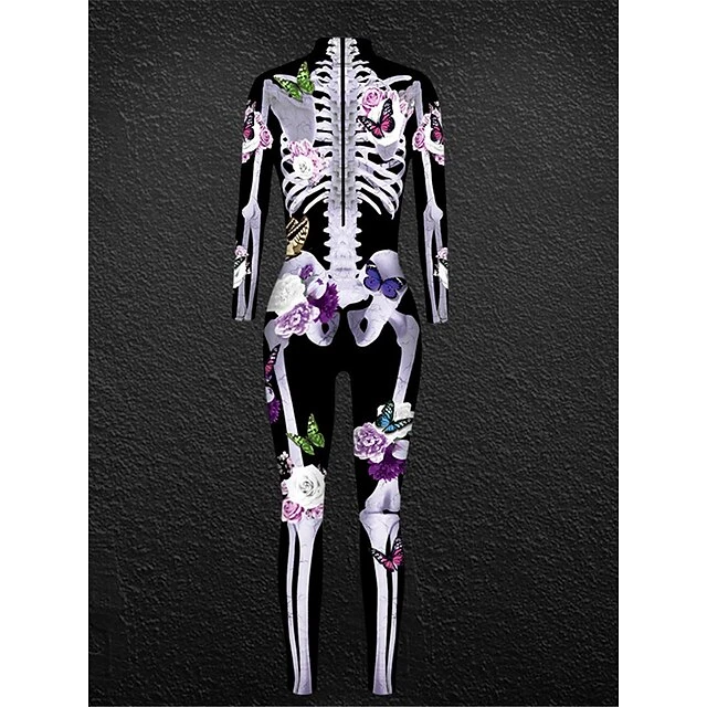 Women's Onesie Skeleton Retro Punk & Gothic Halloween Polyester Breathable Stand Collar Long Pant Fall Winter Black White 7 Women's Onesie Skeleton Retro Punk & Gothic Halloween Polyester Breathable Stand Collar Long Pant Fall Winter Black White - Image 7