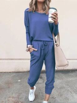 Women's Lounge Sets Crew Neck Long Sleeve Shirt And Elastic Waist Pants With Pockets Pure Color Fashion Casual Soft Home Daily Bed Polyester Breathable Summer Autumn Black Pink -Deals The Sexy Bra Store ffgvgo1688111258389