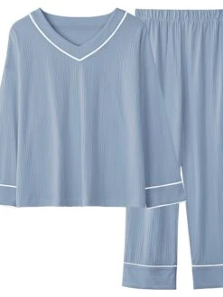 Women's Pajamas Sets Nighty Pjs 2 Pieces Pure Color Fashion Simple Comfort Home Daily Bed Cotton Breathable Gift V Wire Long Sleeve Pant Elastic Waist Fall Spring Green Blue -Deals The Sexy Bra Store ffzpsj1640598863270