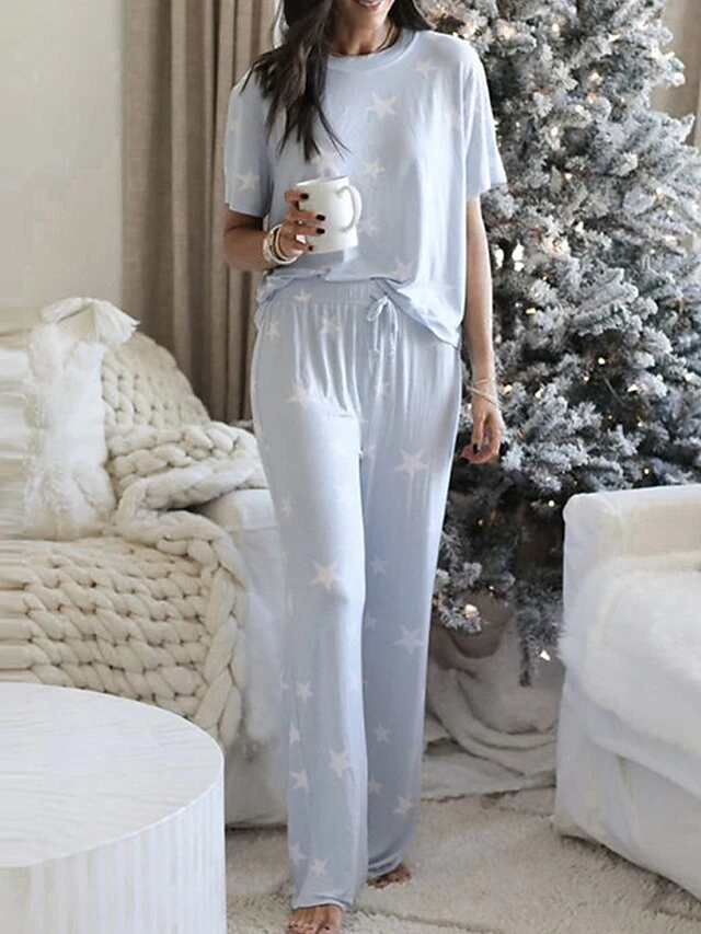 Women's Loungewear Sets Star Simple Casual Comfort Daily Vacation Going Out Polyester Breathable Crew Neck Short Sleeve Pant Elastic Waist Spring Summer Red Light Blue 3 Women's Loungewear Sets Star Simple Casual Comfort Daily Vacation Going Out Polyester Breathable Crew Neck Short Sleeve Pant Elastic Waist Spring Summer Red Light Blue - Image 3