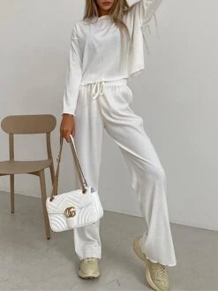 Women's Loungewear Sets Pure Color Fashion Comfort Soft Home Daily Bed Polyester Breathable Crew Neck Long Sleeve T Shirt Tee Pant Elastic Waist Fall Winter White Pink -Deals The Sexy Bra Store fhhdzx1693206733794