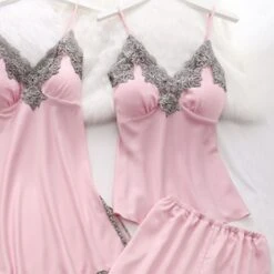 Women's Lingerie Pajama Sets 5 Pieces Satin Floral Lace Cami Top With Robe Nightgown Pants Pink Black Size XXL 17 Women's Lingerie Pajama Sets 5 Pieces Satin Floral Lace Cami Top With Robe Nightgown Pants Pink Black Size XXL -Deals The Sexy Bra Store fjirxo1639382960313