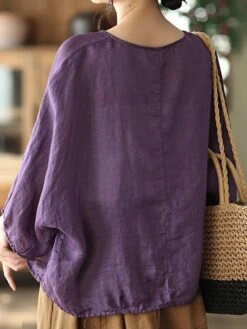 Women's Plus Size Loungewear Top Pure Color Simple Casual Comfort Home Daily Vacation Linen Breathable Crew Neck Long Sleeve Shirt Summer Spring Black Purple -Deals The Sexy Bra Store fkftbg1681275708482