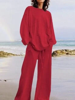 Women's Plus Size Loungewear Sets 2 Pieces Pure Color Fashion Casual Comfort Street Daily Date Cotton Breathable Crew Neck Long Sleeve Pant Summer Fall White Yellow -Deals The Sexy Bra Store fnddwa1689326423471