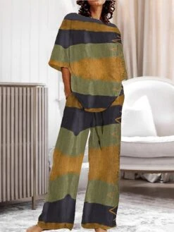 Women's Pajama Top And Pant Stripe Comfort Home Daily Polyester Crew Neck Summer Spring Yellow Pink -Deals The Sexy Bra Store fnznpm1686296174179