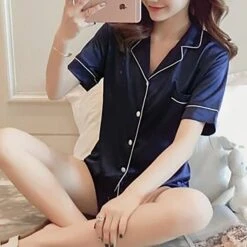 Women's Pajamas Sets Nighty Pjs 2 Pieces Pure Color Fashion Simple Comfort Home Daily Bed Satin Breathable Lapel Short Sleeve Shorts Elastic Waist Spring Summer Green Blue / Silk