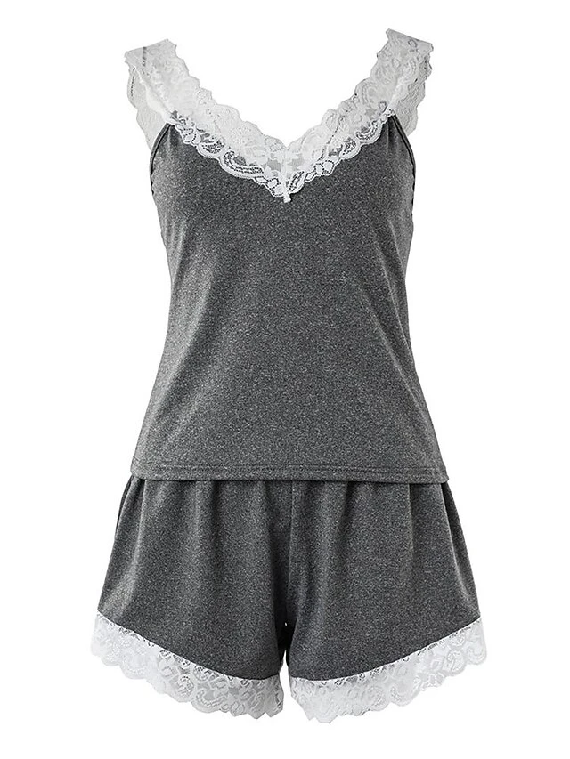 Women's Pajamas Sets Patchwork Hot Casual Comfort Home Daily Bed Polyester Breathable V Wire Sleeveless Shorts Backless Fall Winter Gray 6 Women's Pajamas Sets Patchwork Hot Casual Comfort Home Daily Bed Polyester Breathable V Wire Sleeveless Shorts Backless Fall Winter Gray - Image 6