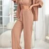 Women's Loungewear Sets 3 Pieces Pure Color Fashion Comfort Soft Home Daily Bed Polyester Breathable Lapel Long Sleeve Shirt Pant Button Pocket Fall Winter Lotus Pink