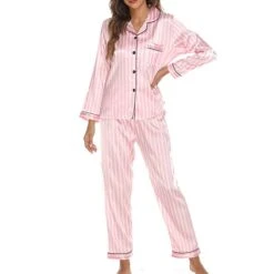 Women's Pajamas Sets Pjs 2 Pieces Leopard Stripe Fashion Simple Comfort Home Daily Vacation Satin Breathable Gift Lapel Long Sleeve Pant Button Elastic Waist Fall Spring Light Pink Black -Deals The Sexy Bra Store fpwkdy1634284985488