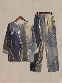 Women's Loungewear Sets Gradient Graphic Prints Fashion Casual Street Date Airport Linen Breathable Crew Neck Half Sleeve T Shirt Tee Pant Summer Spring Yellow Wine