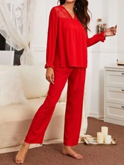 Women's Loungewear Sets Pure Color Simple Casual Comfort Home Daily Bed Polyester Breathable V Wire Long Sleeve Pullover Pant Fall Winter Red -Deals The Sexy Bra Store fqbkhb1694742423536