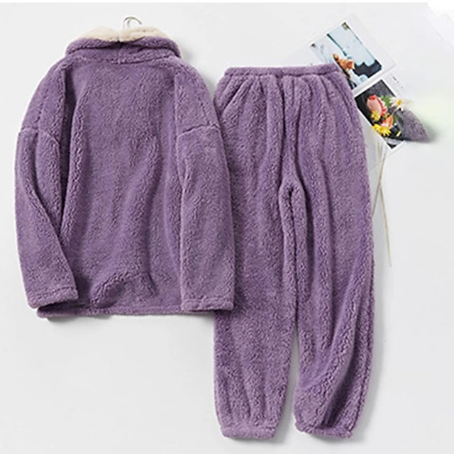 Women's Flannel Warm Pajamas Sets Nighty Pure Color Plush Fashion Comfort Home Christmas Vacation V Wire Long Sleeve Sweater Pant Elastic Waist Fall Winter Gray Purple / Lace Up 5 Women's Flannel Warm Pajamas Sets Nighty Pure Color Plush Fashion Comfort Home Christmas Vacation V Wire Long Sleeve Sweater Pant Elastic Waist Fall Winter Gray Purple / Lace Up - Image 5